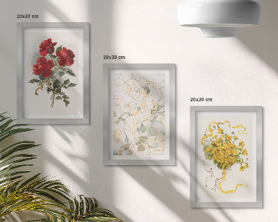 Juego de 3 cuadros decorativos Rosas rojas, flores blancas y amarillas en un jarrón.