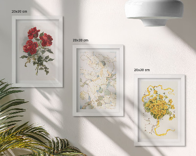 Juego de 3 cuadros decorativos Rosas rojas, flores blancas y amarillas en un jarrón.