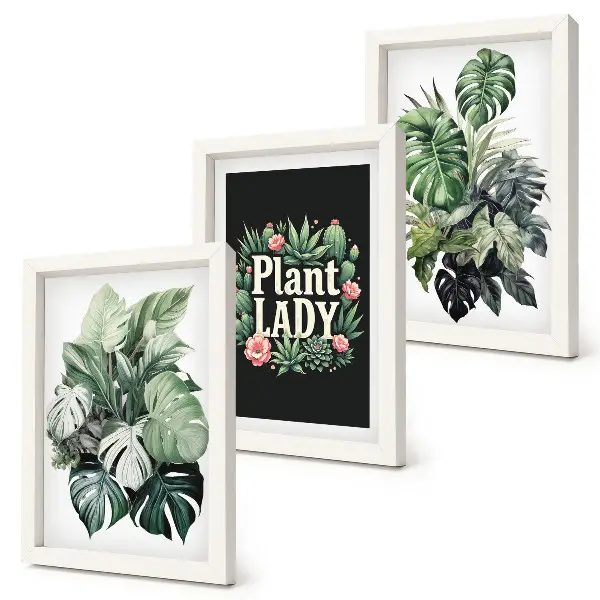Tríptico enmarcado de plantas tropicales con la inscripción Plant Lady en verde