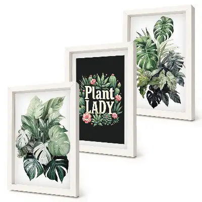 Tríptico enmarcado de plantas tropicales con la inscripción Plant Lady en verde