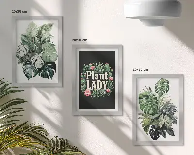 Tríptico enmarcado de plantas tropicales con la inscripción Plant Lady en verde