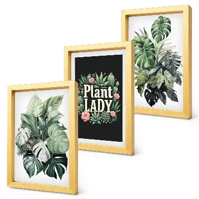 Tríptico enmarcado de plantas tropicales con la inscripción Plant Lady en verde