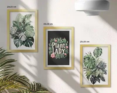 Tríptico enmarcado de plantas tropicales con la inscripción Plant Lady en verde
