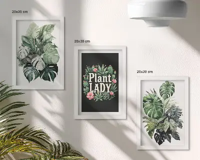 Tríptico enmarcado de plantas tropicales con la inscripción Plant Lady en verde