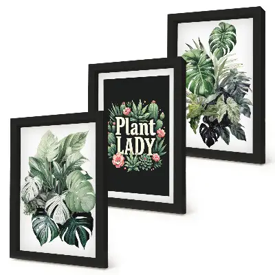 Tríptico enmarcado de plantas tropicales con la inscripción Plant Lady en verde
