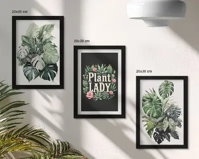 Tríptico enmarcado de plantas tropicales con la inscripción Plant Lady en verde