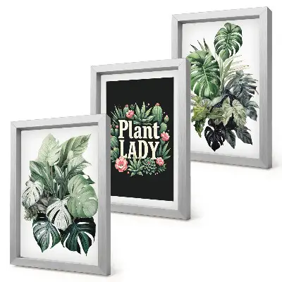 Tríptico enmarcado de plantas tropicales con la inscripción Plant Lady en verde