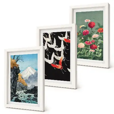 Tríptico enmarcado montañas con cascada, pájaros en vuelo y flores coloridas