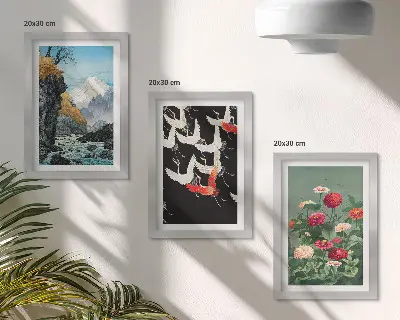 Tríptico enmarcado montañas con cascada, pájaros en vuelo y flores coloridas