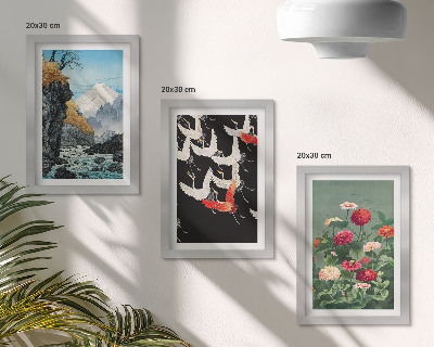 Tríptico enmarcado Montañas con una cascada, pájaros en vuelo y flores coloridas.