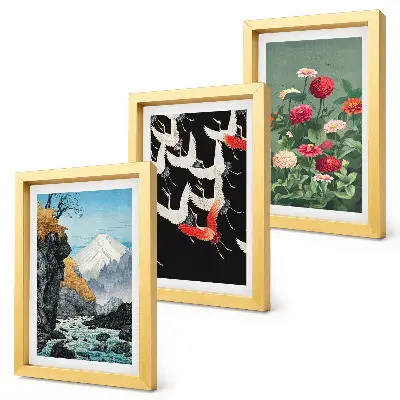 Tríptico enmarcado montañas con cascada, pájaros en vuelo y flores coloridas