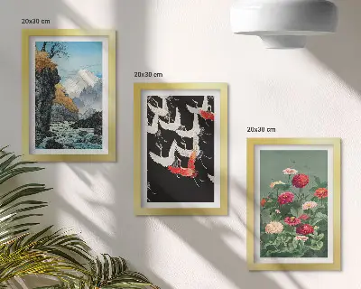 Tríptico enmarcado montañas con cascada, pájaros en vuelo y flores coloridas