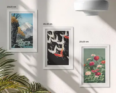 Tríptico enmarcado montañas con cascada, pájaros en vuelo y flores coloridas
