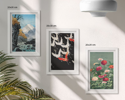 Tríptico enmarcado Montañas con una cascada, pájaros en vuelo y flores coloridas.