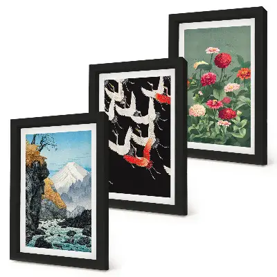 Tríptico enmarcado montañas con cascada, pájaros en vuelo y flores coloridas