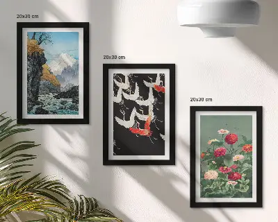 Tríptico enmarcado montañas con cascada, pájaros en vuelo y flores coloridas