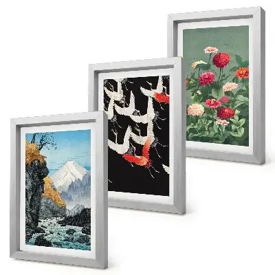 Tríptico enmarcado montañas con cascada, pájaros en vuelo y flores coloridas