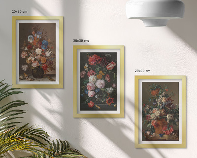 Juego de 3 cuadros decorativos Flores en jarrones, diversas composiciones vegetales de estilo vintage.