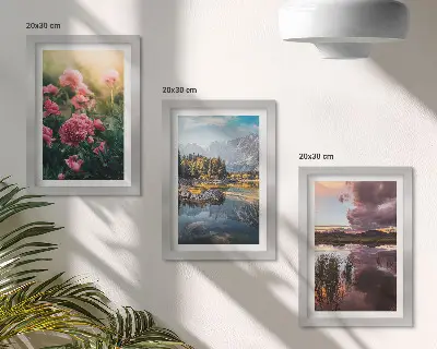 Tríptico enmarcado flores en el jardín con montañas y un lago tranquilo