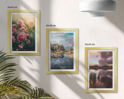 Tríptico enmarcado flores en el jardín con montañas y un lago tranquilo