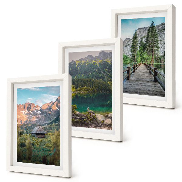 Juego de 3 cuadros decorativos Paisajes de montaña con un lago y un muelle de madera.