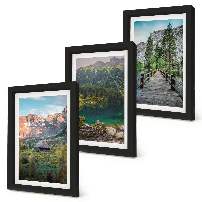 Juego de 3 cuadros decorativos Paisajes de montaña con un lago y un muelle de madera.