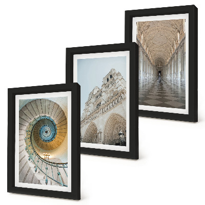 Tríptico enmarcado La escalera de caracol de la catedral, vista de la fachada del edificio y un pasillo embaldosado.