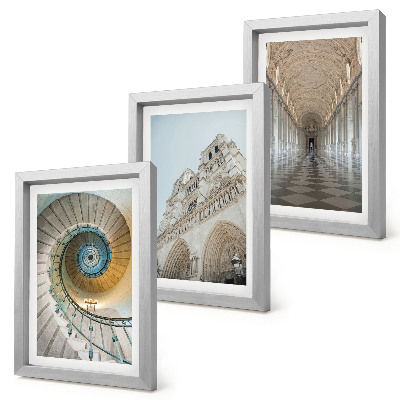 Tríptico enmarcado La escalera de caracol de la catedral, vista de la fachada del edificio y un pasillo embaldosado.