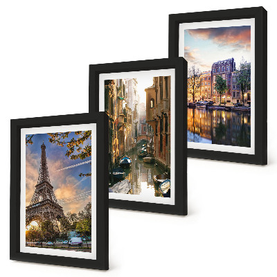 Juego de 3 cuadros decorativos La Torre Eiffel, los canales de Venecia y las calles de Ámsterdam