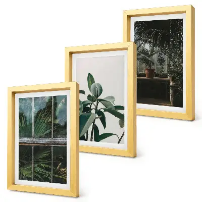 Tríptico enmarcado hojas verdes en la ventana y plantas de interior