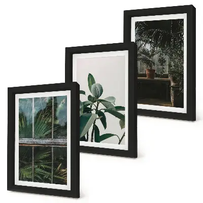 Tríptico enmarcado hojas verdes en la ventana y plantas de interior