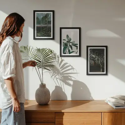 Tríptico enmarcado hojas verdes en la ventana y plantas de interior