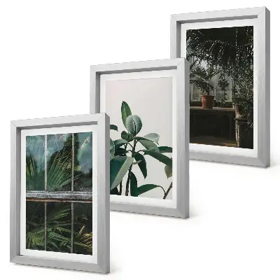 Tríptico enmarcado hojas verdes en la ventana y plantas de interior