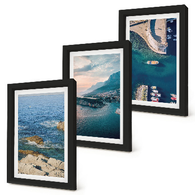 Juego de 3 cuadros decorativos Vistas al mar con acantilados y puertos de montaña.