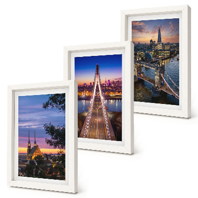 Tríptico enmarcado Vistas de la ciudad con puentes y atardeceres.