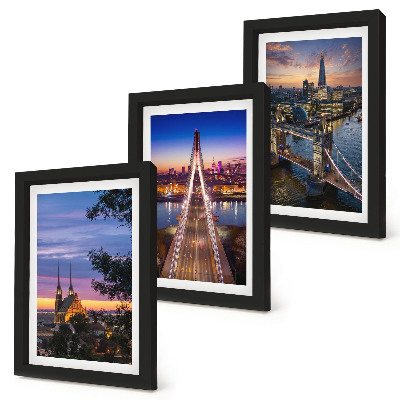 Tríptico enmarcado Vistas de la ciudad con puentes y atardeceres.