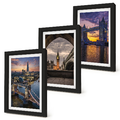 Juego de 3 cuadros decorativos Vistas de la ciudad con puentes y torres de reloj.