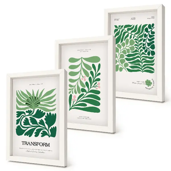 Tríptico enmarcado conjunto de hojas verdes y plantas de diversas formas