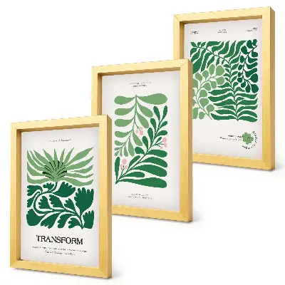 Tríptico enmarcado conjunto de hojas verdes y plantas de diversas formas