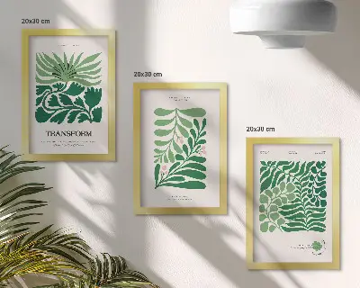 Tríptico enmarcado conjunto de hojas verdes y plantas de diversas formas