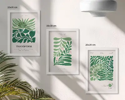 Tríptico enmarcado conjunto de hojas verdes y plantas de diversas formas