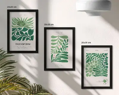 Tríptico enmarcado conjunto de hojas verdes y plantas de diversas formas