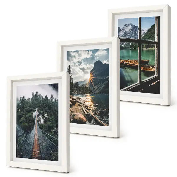 Juego de 3 cuadros decorativos con diseño de puente en el lago del bosque con barcos y vista a la montaña