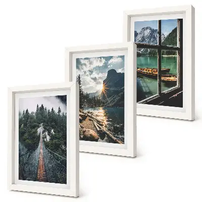 Juego de 3 cuadros decorativos con diseño de puente en el lago del bosque con barcos y vista a la montaña