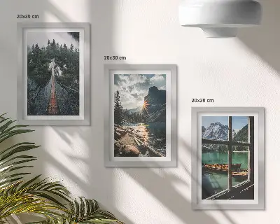 Juego de 3 cuadros decorativos con diseño de puente en el lago del bosque con barcos y vista a la montaña
