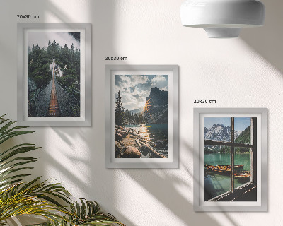 Juego de 3 cuadros decorativos Puente en el lago del bosque con barcos y vista a la montaña.