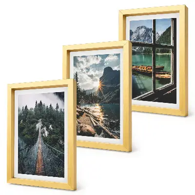 Juego de 3 cuadros decorativos con diseño de puente en el lago del bosque con barcos y vista a la montaña