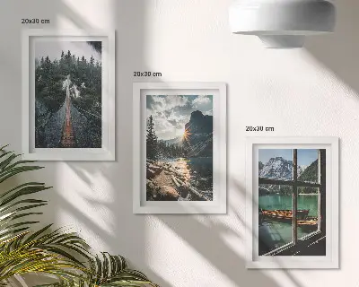 Juego de 3 cuadros decorativos con diseño de puente en el lago del bosque con barcos y vista a la montaña