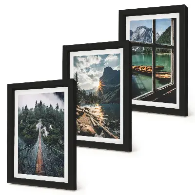 Juego de 3 cuadros decorativos con diseño de puente en el lago del bosque con barcos y vista a la montaña