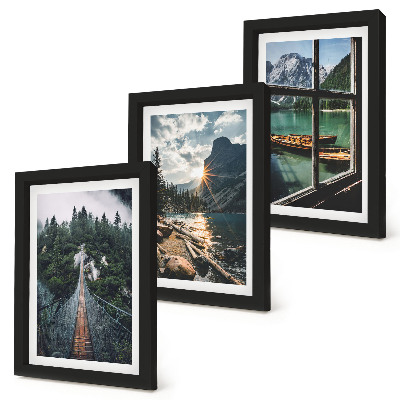 Juego de 3 cuadros decorativos Puente en el lago del bosque con barcos y vista a la montaña.